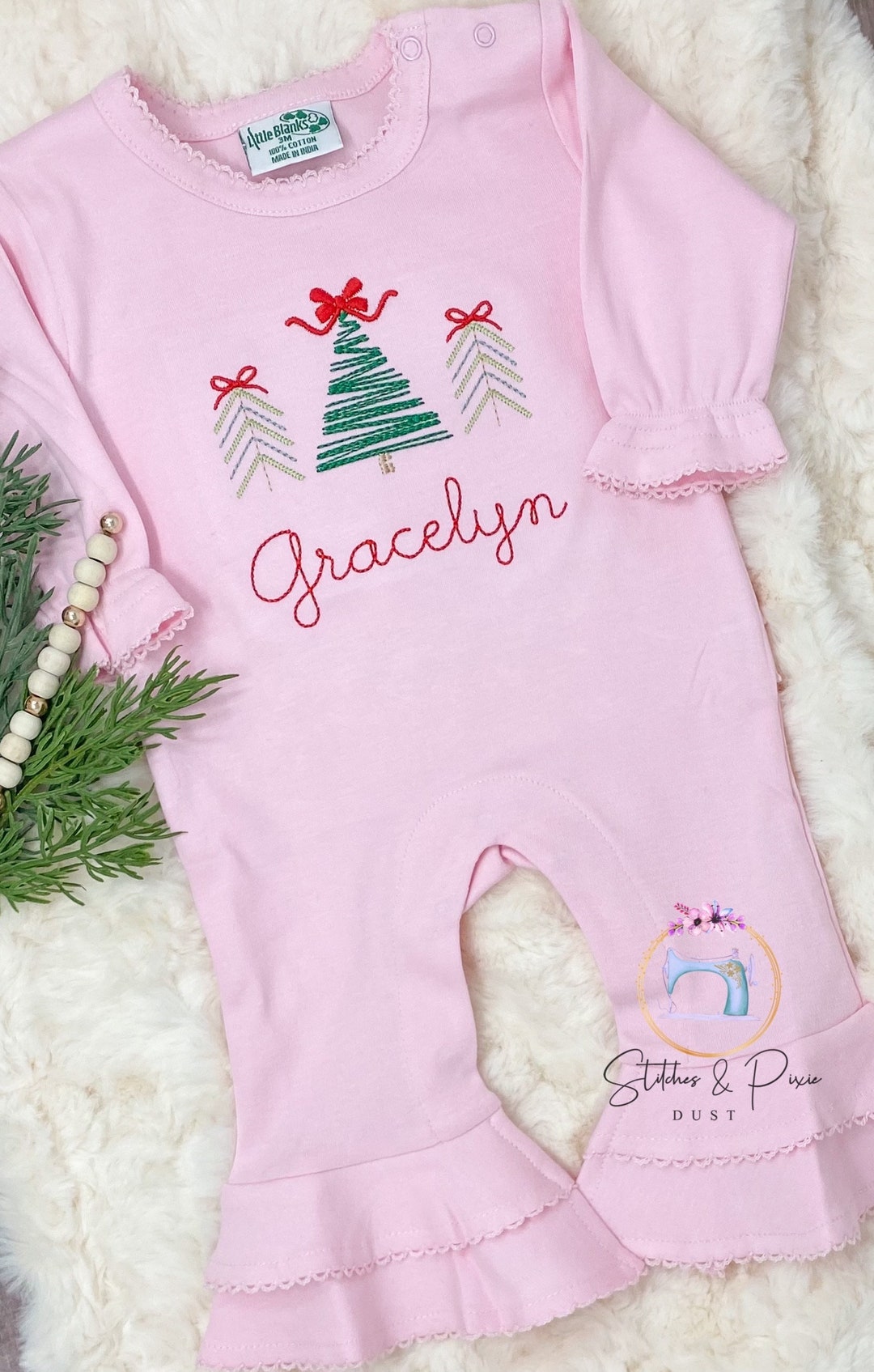 Petit Bebe Baby Girls Red Gingham Smocked Christmas Tree Romper with Short Sleeves main image 0