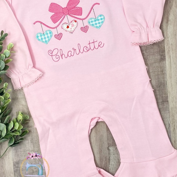 Baby Valentine's Day Outfit/Monogrammed Personalized Romper/Bow Heart Banner on Romper/Newborn Pictures/Monogrammed Embroidered Romper