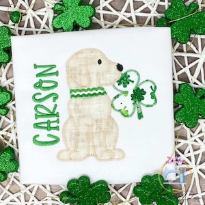 Boys St Patrick&#39;s Day Shirt/Puppy with Bow and Clover Shirt/Monogram Shirt/First St Patrick&#39;s Day Shirt/Embroidered Shirt/Applique Shirt