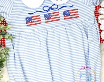 Girls 4th of July Toddler Peter Pan Bubble Romper/Girl Dress/Patriotic Monogram Dress or Sunsuit Bubble Romper/Embroidered Dress/Collar Name