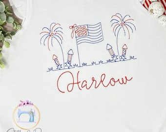 Girls 4th Of July Toddler Angel Sleeve Bubble Romper / FIREWORKS Ruffle Bubble Romper / Independence Day Monogram Sunsuit / Ruffle Shirt