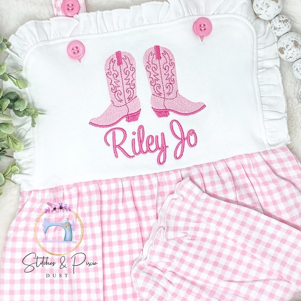 Baby Girl Gingham Shorts Romper Monogram/Cowgirl Boots Romper/Monogram Bubble/Baby Shower Gift/Toddler Monogram Outfit/Summer Sunsuit