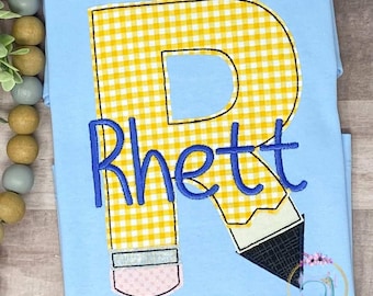 Boys Gingham Pencil Back to School Shirt/Letter Pencil with Gingham Fabric/Monogram Blue Shirt/Personalized Applique Shirt/Embroidered Shirt