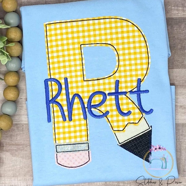 Boys Gingham Pencil Back to School Shirt/Letter Pencil with Gingham Fabric/Monogram Blue Shirt/Personalized Applique Shirt/Embroidered Shirt