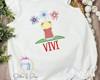 Girls 4th Of July Toddler Angel Sleeve Bubble Romper / FIREWORKS Ruffle Bubble Romper / Independence Day Monogram Sunsuit / Ruffle Shirt