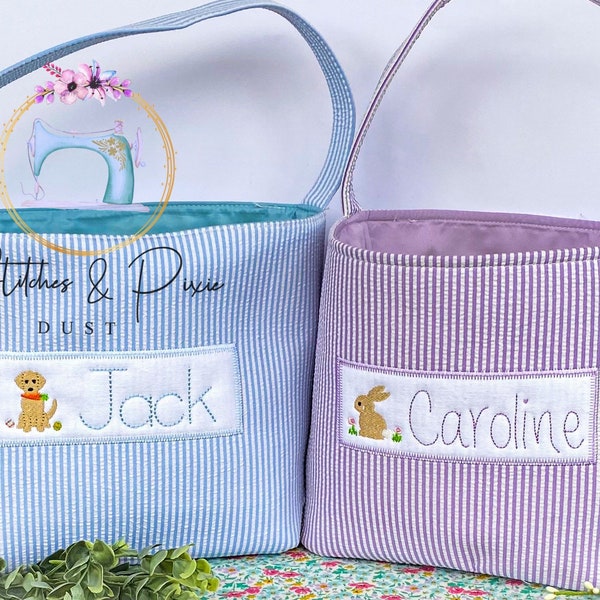 Kids Easter Basket/Personalized Embroidered Easter Bucket/Monogrammed Easter/Seersucker Easter Tote/Easter Egg Hunt/Purple, Pink, Blue