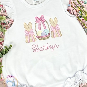 Girls Easter Toddler Angel Sleeve Bubble Romper/Baby Girl First Easter Ruffle Bubble Romper/Easter Bunny Monogram Sunsuit/Embroidered Bubble