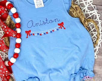 Girls 4th Of July Toddler Angel Sleeve Bubble Romper / FIREWORKS Ruffle Bubble Romper / Independence Day Monogram Sunsuit / Ruffle Shirt
