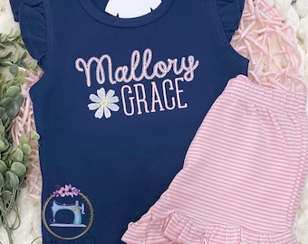 Girls Monogram Shirt Outfit/Personalized Embroidered/blue Summer Set/Monogrammed/Pink Short Outfit/Toddler Monogram Shirt/Spring Shirt