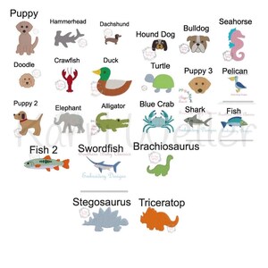 May include: A set of 18 colorful embroidered iron-on patches featuring various animals, including a puppy, a turtle, a fish, a shark, a dinosaur, and a seahorse. The patches are perfect for adding a fun and whimsical touch to clothing, bags, or other fabric items.