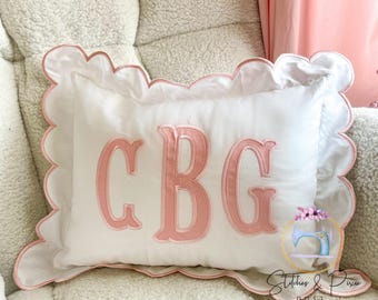 Scallop Pillow Sham/Monogram Nursery Pillow/Personalized Baby Gift/Bow Pillow/College Monogram Pillow/Decorative Throw/Monogram Pillow Sham