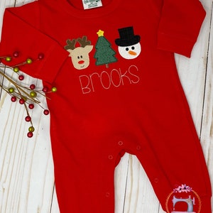 Baby Christmas Outfit/Monogrammed Personalized Romper/Reindeer, Christmas Tree, Snowman/Newborn Pictures/Monogrammed Embroidered Romper