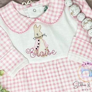 Baby Girl First Easter Outfit/Monogrammed Personalized Footie/Bunnies with Flowers/Baby Shower Gift/Newborn/Embroidered Romper/Sleeper