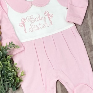 Baby Sister Outfit/Monogrammed Personalized Footie/New Baby/Baby Shower Gift/Newborn/Embroidered Romper/Sleeper/Announcement Photos