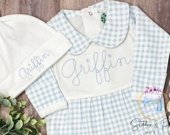 Baby Boy Outfit/Monogrammed Personalized Footie/New Baby/Baby Shower Gift/Newborn/Embroidered Romper/Sleeper/Announcement Photos
