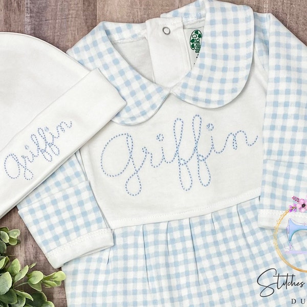 Baby Boy Outfit/Monogrammed Personalized Footie/New Baby/Baby Shower Gift/Newborn/Embroidered Romper/Sleeper/Announcement Photos