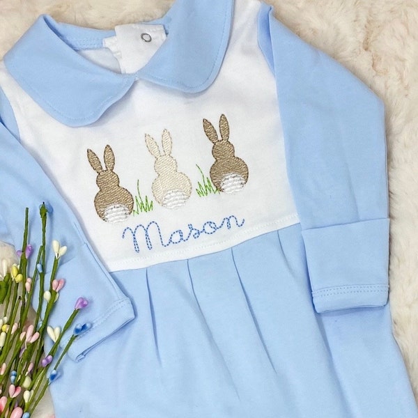 Baby Boy First Easter Outfit/Monogrammed Personalized Footie/Bunnies in a Row/Baby Shower Gift/Newborn/Embroidered Romper/Sleeper