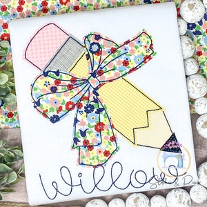 Girls Personalized Pencil and Name Shirt/Back to School Shirt/Big Bow Shirt/Personalized Shirt/Applique Embroidered Shirt