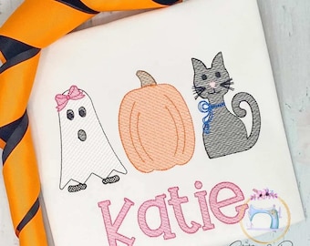 Girls Halloween Shirt/Ghost with bow, Cat and Pumpkin Shirt/Personalized ShirtTrick or Treat Shirt/First Halloween /Embroidered Shirt