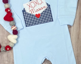 Baby Valentine's Day Outfit/Monogrammed Personalized Romper/Gingham Envelope Letter Romper/Newborn Pictures/Monogrammed Embroidered Romper