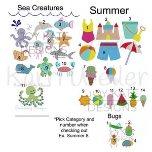 May include: A chart with three categories of embroidery designs: Sea Creatures, Summer, and Bugs. Each category has a numbered grid of colorful embroidered images. The text "Pick Category and number when checking out Ex. Summer 8" is at the bottom of the chart.