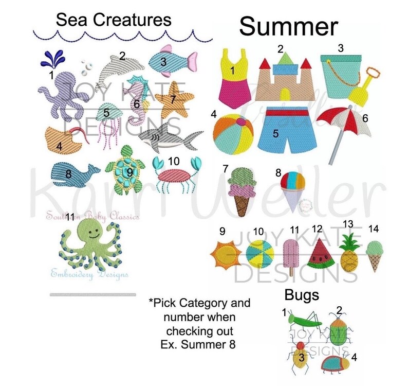 May include: A chart with three categories of embroidery designs: Sea Creatures, Summer, and Bugs. Each category has a numbered grid of colorful embroidered images. The text "Pick Category and number when checking out Ex. Summer 8" is at the bottom of the chart.