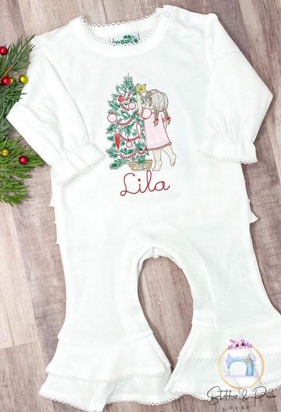 Baby Christmas Outfit/Monogrammed Personalized Romper/Girl Putting Star on Tree Romper/Newborn Pictures/Monogrammed Embroidered Romper