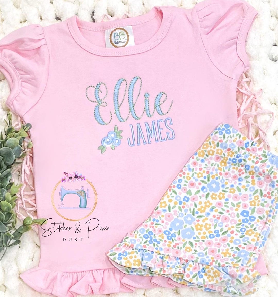 Girls Monogram Shirt Outfit/personalized Embroidered/blue Summer Set ...