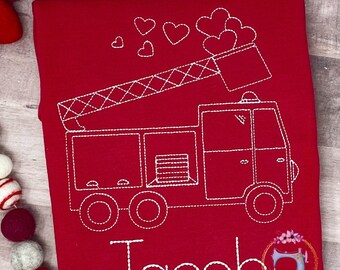 Boys Valentine Firetruck Shirt-Valentine Days Fireman Personalized Shirt-Valentine's Day- Vintage Stitch-Embroidered Shirt