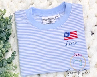 Boys Mini and Patriotic Shirt/Monogram Boys Shirt/Mini Dog, Flag, Sparkler Monogram Shirt/4th of July Shirt/Embroidered Shirt/Personalized