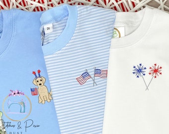 Boys Mini and Patriotic Shirt/Monogram Boys Shirt/Mini Dog, Flag, Sparkler Monogram Shirt/4th of July Shirt/Embroidered Shirt/Personalized
