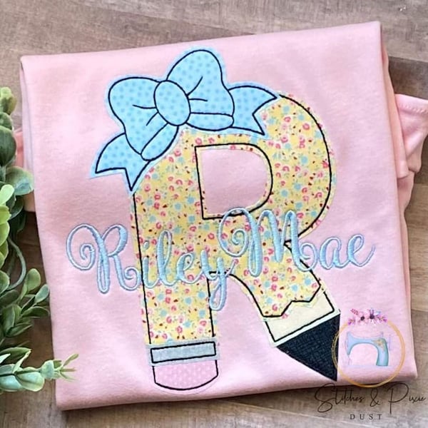 Girls Floral Pencil Back to School Shirt-Letter Pencil with Floral Fabric-Monogram Pink Shirt-Personalized-Applique Shirt-Embroidered Shirt