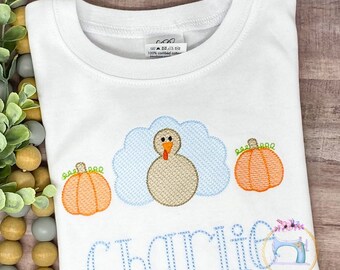Boys Thanksgiving Shirt Turkey and Pumpkins/Thanksgiving Outfit/First Thanksgiving/Personalized Shirt/Embroidered Shirt/Vintage Stitch