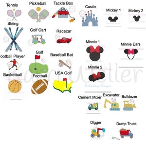 May include: A set of 20 colorful embroidery designs featuring various sports, vehicles, and Disney characters. The designs include a tennis racket, pickleball paddle, tackle box, castle, Mickey Mouse, Minnie Mouse, skiing, golf cart, racecar, baseball bat, football, basketball, USA golf, cement mixer, excavator, bulldozer, digger, and dump truck.