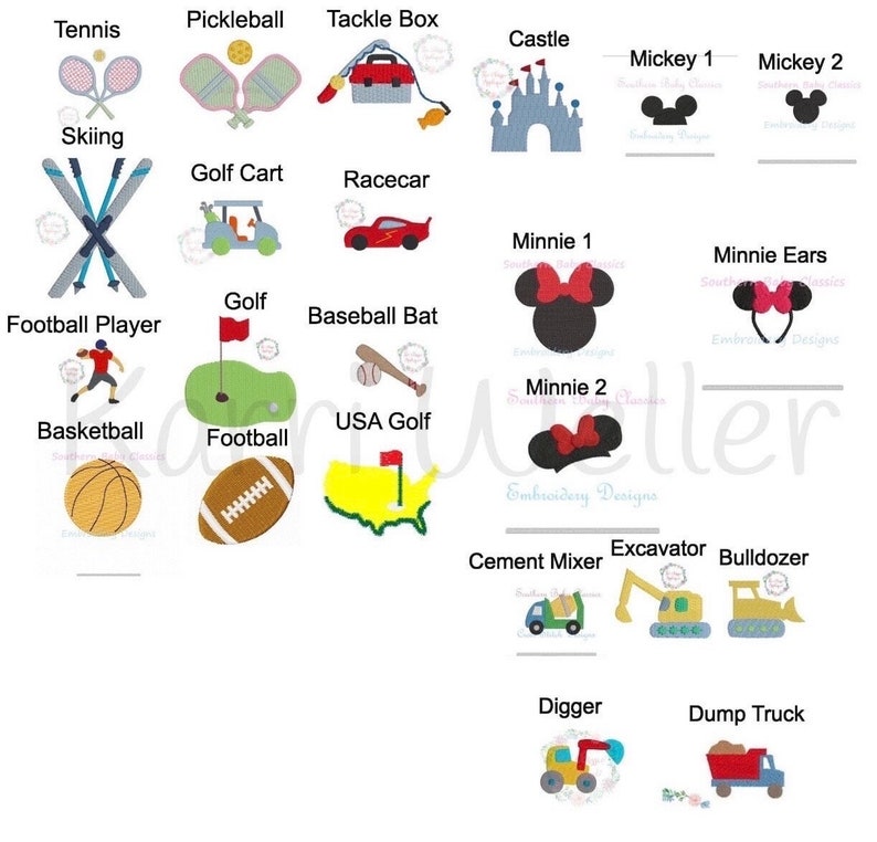 May include: A set of 20 colorful embroidery designs featuring various sports, vehicles, and Disney characters. The designs include a tennis racket, pickleball paddle, tackle box, castle, Mickey Mouse, Minnie Mouse, skiing, golf cart, racecar, baseball bat, football, basketball, USA golf, cement mixer, excavator, bulldozer, digger, and dump truck.