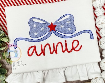 Girls 4th Of July Shirt/American Bow Shirt Stars/Independence Day Monogram Shirt/Sibling Outfit/Patriotic Embroidered Shirt/Vintage Stitch