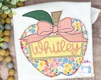 Girls Personalized Floral Apple Name Shirt/Back to School Shirt/Big Bow Shirt/Personalized Shirt/Applique Embroidered Shirt/Monogrammed