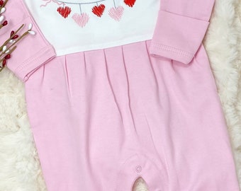 Baby Girl First Valentine DayOutfit/Monogrammed Personalized Footie/Heart banner/Baby Shower Gift/Newborn/Embroidered Romper/Sleeper