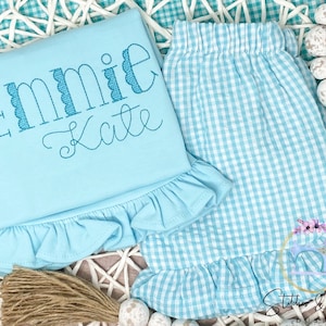 Girls Monochromatic Monogram Shirt/Personalized Aqua Summer Set/Monogram Bubble/Gingham Shorts Outfit/Toddler Monogram Shirt/Spring Shirt