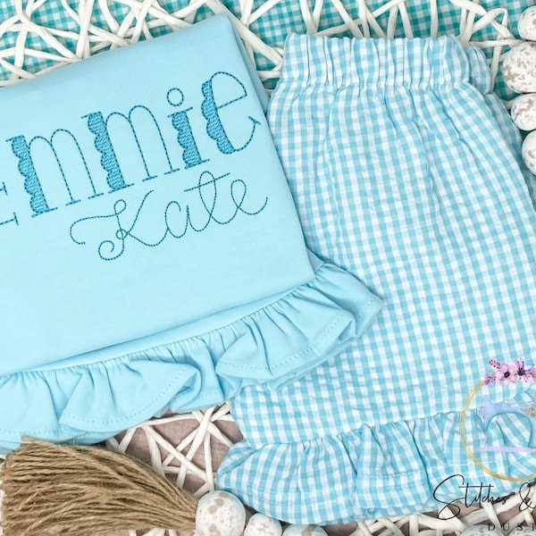 Girls Monochromatic Monogram Shirt/Personalized Aqua Summer Set/Monogram Bubble/Gingham Shorts Outfit/Toddler Monogram Shirt/Spring Shirt