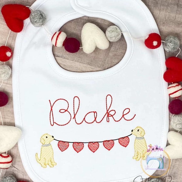 Valentine Puppies with Hearts Bib- Baby Bib-Personalized Baby Bib-Baby Bib White Baby Bib-White Ruffle Bib