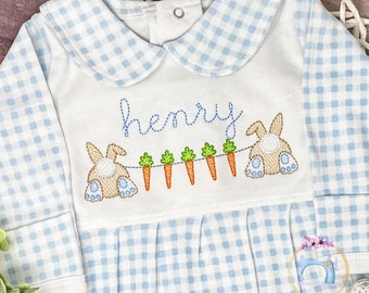 Baby Boy First Easter Outfit/Monogrammed Personalized Footie/Bunnies in a Row/Baby Shower Gift/Newborn/Embroidered Romper/Sleeper