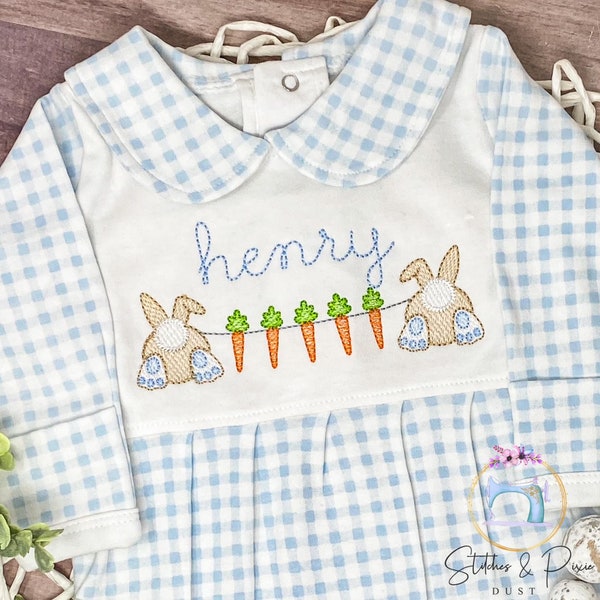 Baby Boy First Easter Outfit/Monogrammed Personalized Footie/Bunnies in a Row/Baby Shower Gift/Newborn/Embroidered Romper/Sleeper