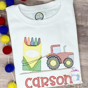 Boys Personalized Tractor pulling Crayon box Shirt/Back to School Shirt/Tractor Shirt/First Day of School Shirt/Personalized Shirt