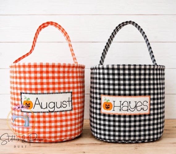 Kids Halloween Basket/Personalized Embroidered Halloween Bucket/Monogrammed Halloween/Halloween Candy Tote/Gingham Halloween Bucket