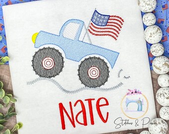 Boys 4th Of July Shirt/FIREWORKS Monster  Truck Shirt/Independence Day Shirt/Sibling Outfit/Patriotic Embroidered Shirt/Vintage Stitch
