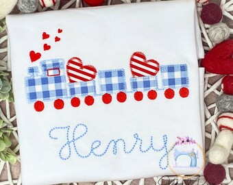 Boys Valentine Day Shirt/Gingham Train with Hearts/Monogram Shirt/Valentine Personalized Shirt/First Valentine Day Shirt/Applique Shirt