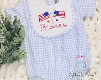 Boys 4th of July Toddler Gingham Bubble Romper/Boy Outfit/Patriotic Monogram Bubble Sunsuit Bubble Romper/Embroidered Bubble/Personalized