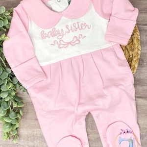 Baby Sister Outfit/Monogrammed Personalized Footie/New Baby/Baby Shower Gift/Newborn/Embroidered Romper/Sleeper/Announcement Photos
