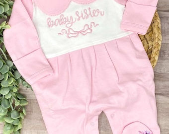 Baby Sister Outfit/Monogrammed Personalized Footie/New Baby/Baby Shower Gift/Newborn/Embroidered Romper/Sleeper/Announcement Photos